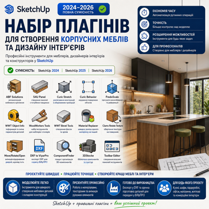 Набор плагинов для SketchUp 2024–2026 для создания корпусной мебели и дизайна интерьеров