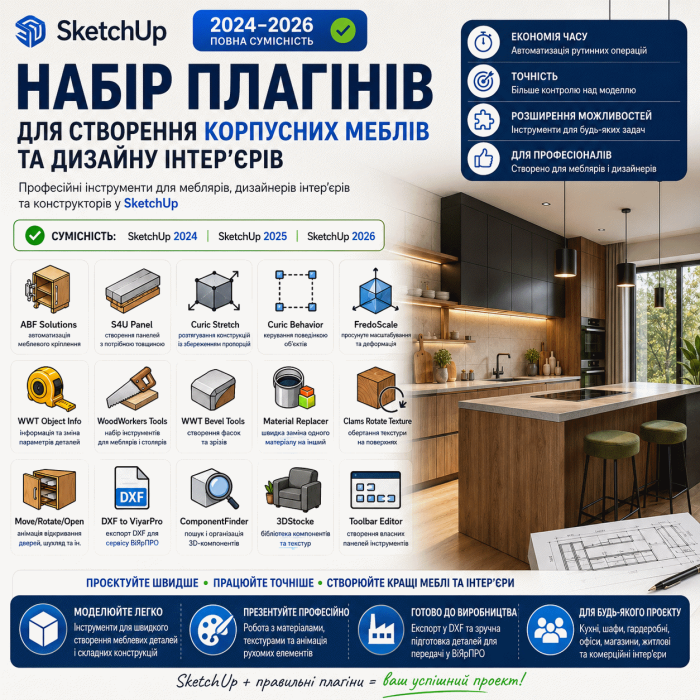 Набір плагінів для SketchUp 2024–2026 для створення корпусних меблів та дизайну інтер'єрів