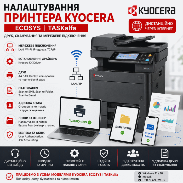 Налаштування принтера Kyocera ECOSYS і TASKalfa — друк, сканування та мережеве підключення