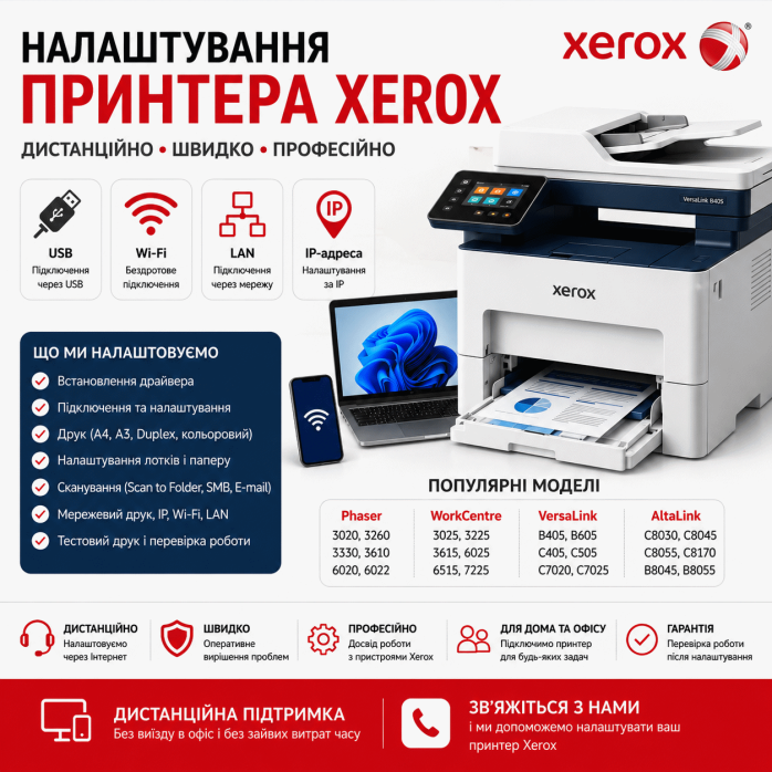 Налаштування принтера Xerox — дистанційне підключення, друк і сканування