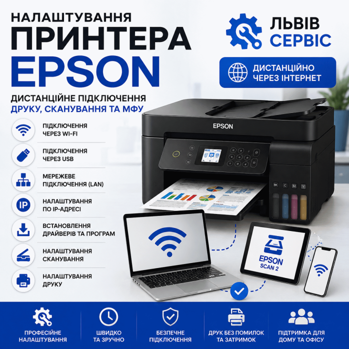 Налаштування принтера Epson — дистанційне підключення, друк і сканування