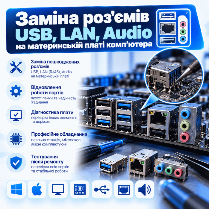 Замена разъемов USB, LAN, Audio на материнской плате компьютера