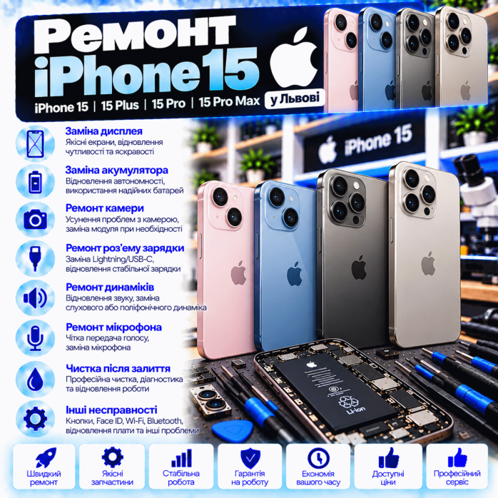 Ремонт iPhone 15, iPhone 15 Plus, iPhone 15 Pro и iPhone 15 Pro Max во Львове