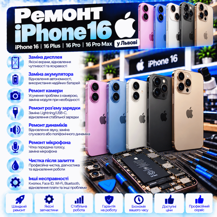 Ремонт iPhone 16, iPhone 16 Plus, iPhone 16 Pro, iPhone 16 Pro Max и iPhone 16e во Львове