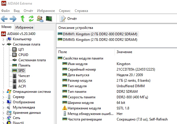 Дані про оперативну пам'ять в AIDA64